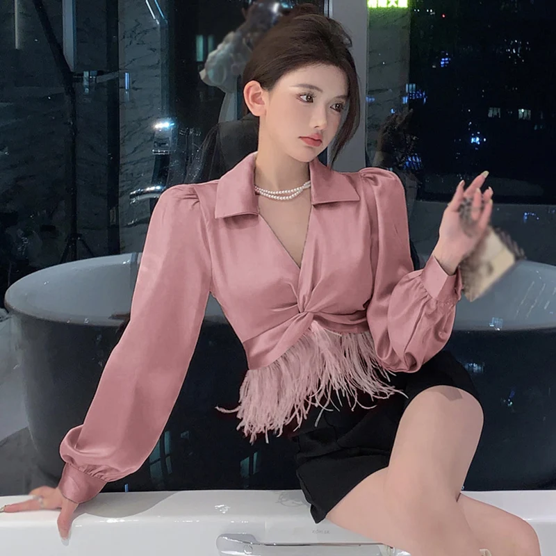여성용 우아한 블라우스 셔츠, V넥 긴팔 코트 블라우스, 짧은 슬림 티셔츠, 편안한 실크 깃털 루즈 셔츠, 가을