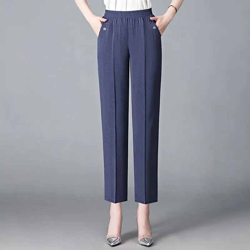 Office Lady Vintage Loose Straight Pants Spring Summer Thin Women Streetwear Fashion Casual Elastic High Waist Cropped Trousers