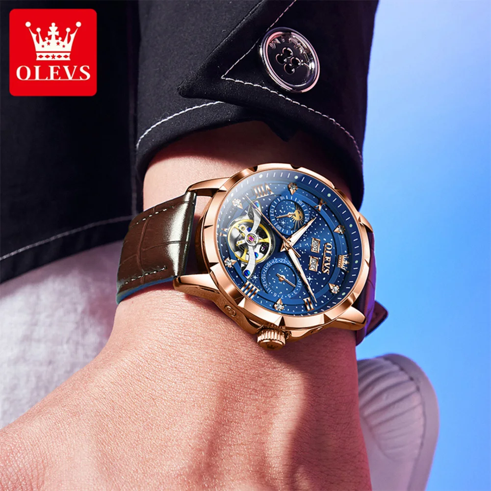 OLEVS 6690 Men's Watch Fashion Business Date Moon Phase Mechanical Men Watches Luxury Hollow Original Waterproof Watch For Men