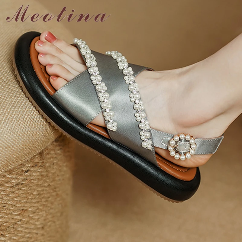 

Meotina Women Sandals Round Toe Flats Buckle Platform Crystal Cross Strap Ladies Fashion Casual Shoes Summer Green Gray 40