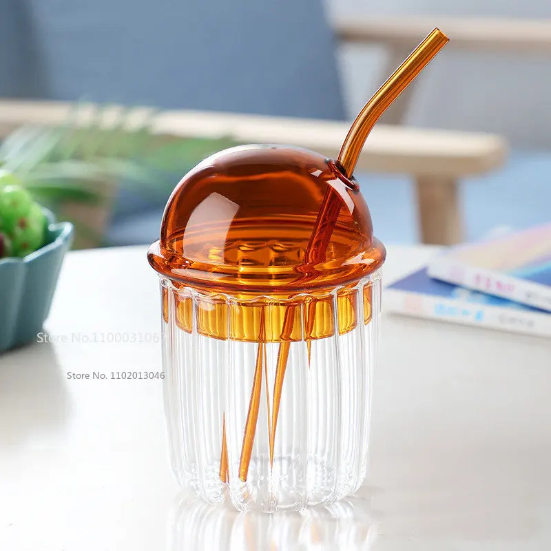 450ml Simple Stripe Coffee Glass Cup With Lid and Straw Transparent Bubble  Tea Cup Juice Glass Milk Mocha Cups Breakfast Mug - AliExpress