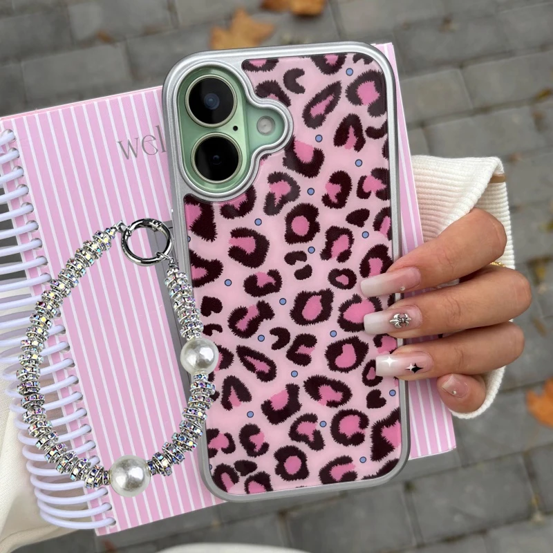 Custom Retro Pink Leopard Print Polka Dot Phone Case with Resin Finish