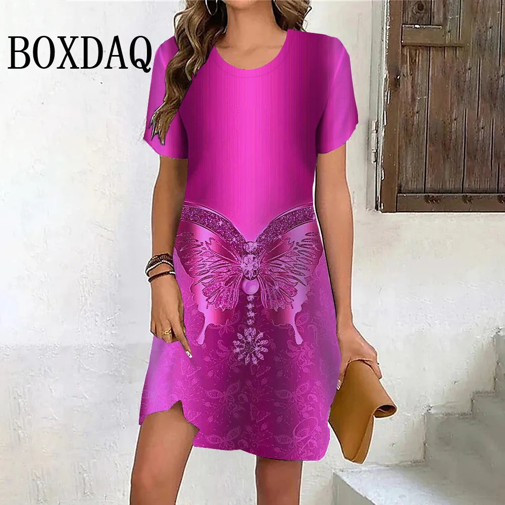 

Женское летнее платье, Элегантные мини-платья с принтом бабочки, повседневные Простые платья с коротким рукавом, сарафан, свободная одежда