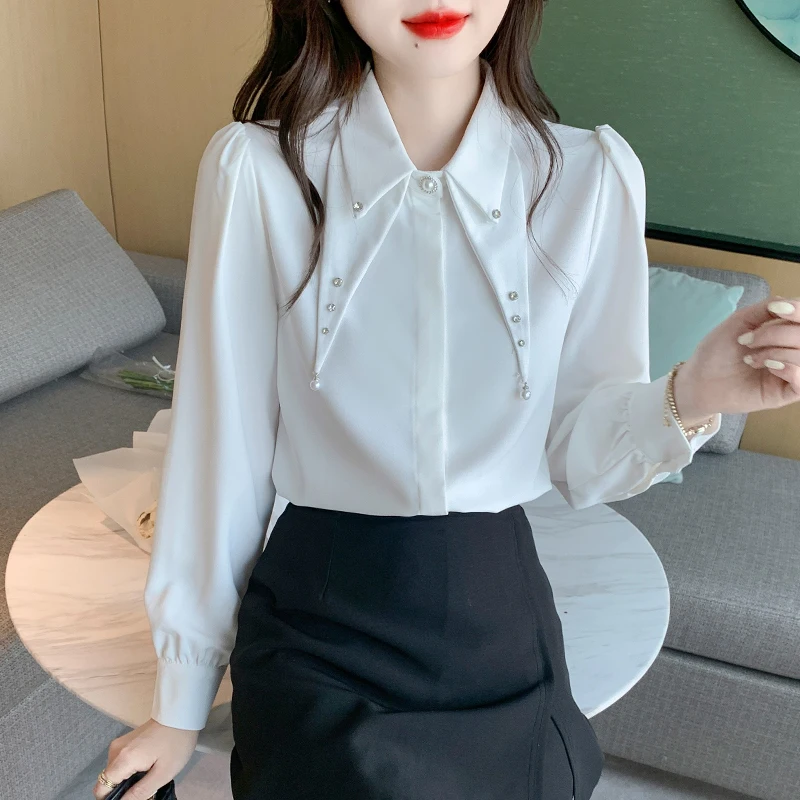 Blusa Blanca Mujer 2023 Moda Coreana Vintage Manga Larga Blusas Elegantes  Otoño Tops Casual Encaje Top