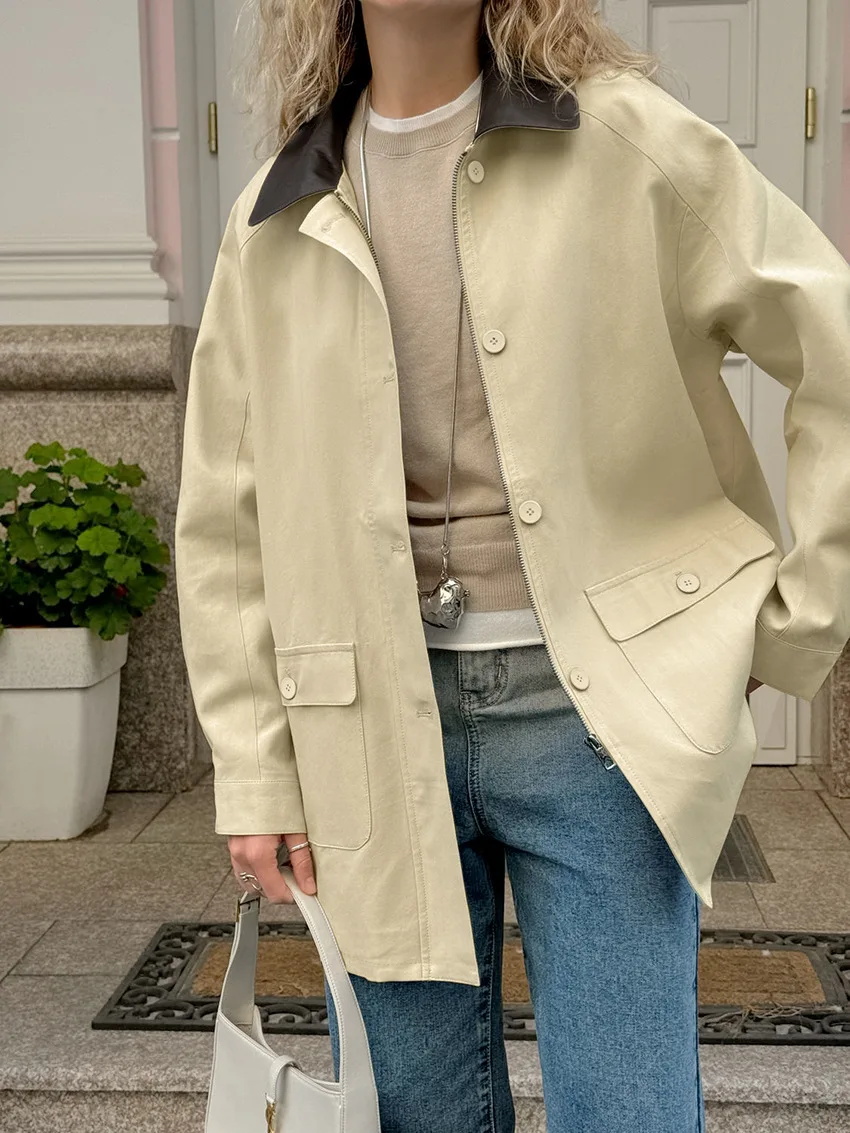 Fashion Pocket Trench Outwear For Women Patchwork Autumn Cardigan Vintage Lapel Loose High Waist Coat Women's Overcoat New
