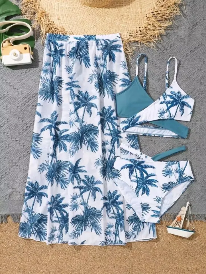 Girl 3pack Palm Tree Print Bikini Swimsuit with Beach Skirt Children's Swimwear for 7-12 Years Swimming Bathing Suit