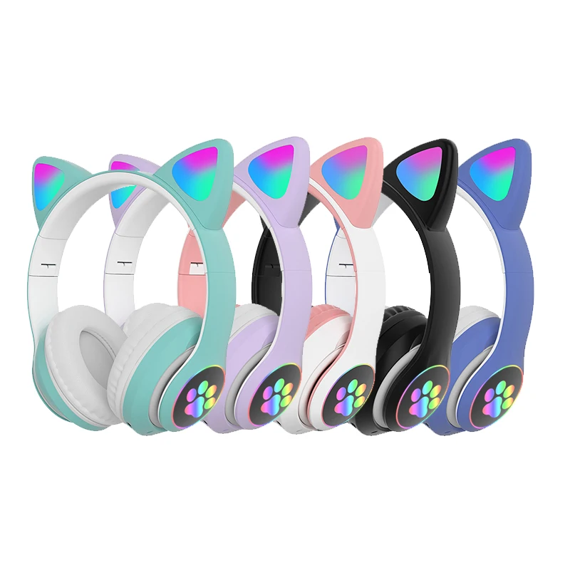 

Flash Light Cute Cat Headphones Wireless Earphone With Mic Can close LED Girls Kids Stereo Phone Music Helmet Bluetooth Headset