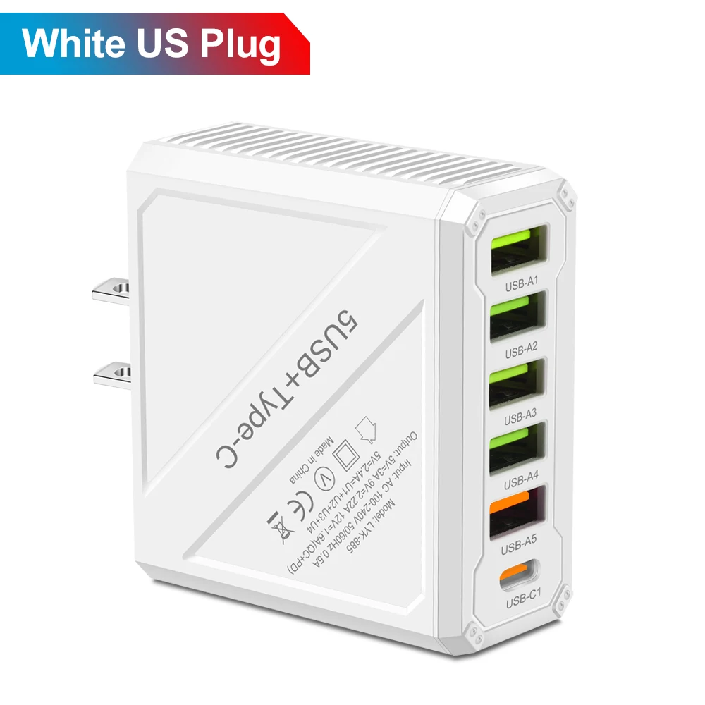 6 Portlu 5USB+1PD Şarj Cihazı Hızlı Şarj QC3.0 Hızlı Şarjlı Duvar Tipi Seyahat Cep Telefonu Adaptörü iPhone Xiaomi Huawei için