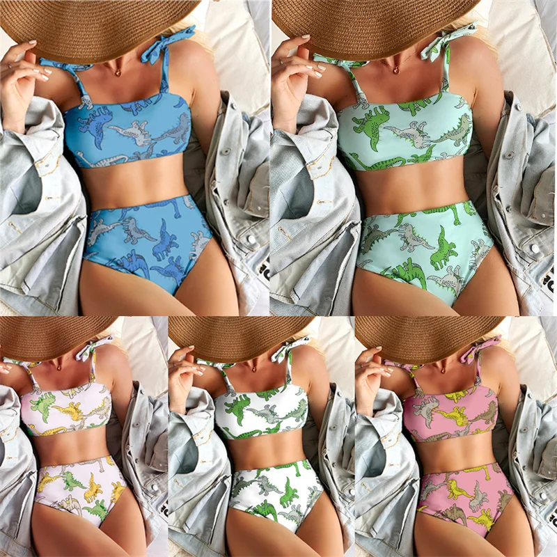 

Wholesale Women's Fashion Dinosaur Print Bikini Set Lady Stylish Knot Two Pieces Swimsuit High Rise Beachwear Bathingsuit