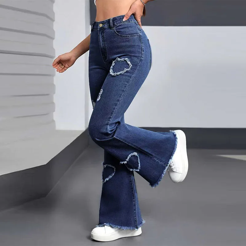 Y2K Blue Stretchy Heart Shaped Flared Jeans High Waist Retro Fashion Trendy Elastic Trousers for Women 3