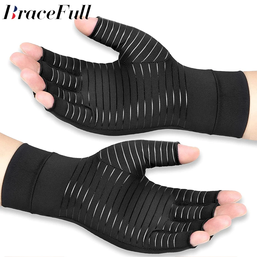 

1Pair Copper Arthritis Compression Gloves Women Men Relieve Hand Pain Swelling and Carpal Tunnel Fingerless for Typing