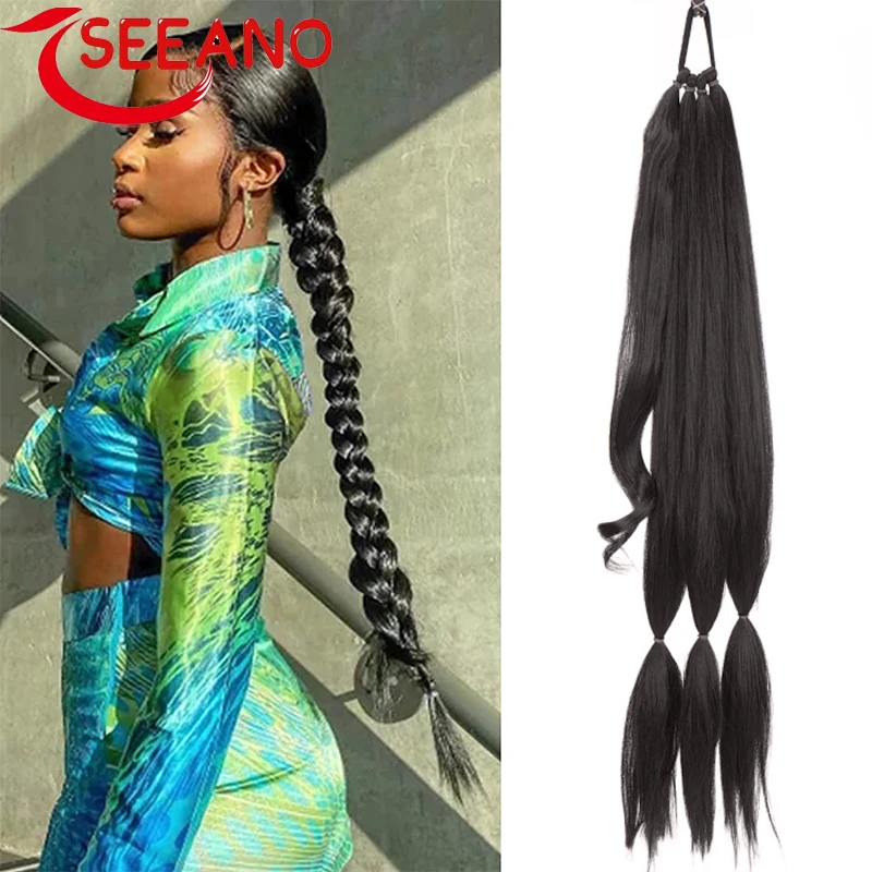 SEEANO Synthetic Hair Extensions Ponytail 80cm 31inch Super Long Wrap Around Jumbo Pre Braided Ponytail Ombre Braided Pony Tail