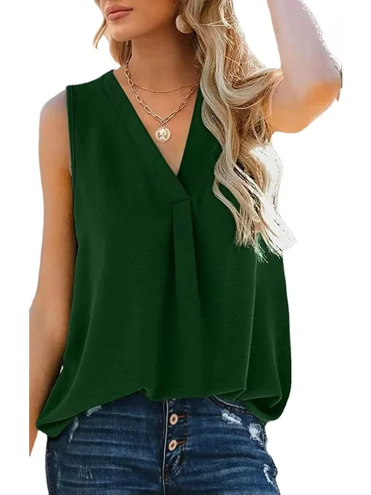

2024 Spring Summer New Woman V-neck Solid Chiffon Tank Blouse Top Loose Sleeveless Shirts for Women Fashion Clothes Blusas Mujer