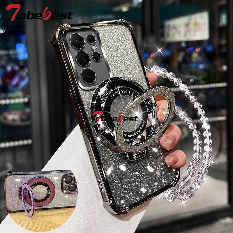 Shockproof Glitter Crystal Bracelet Phone Holder Case with Plated Design
