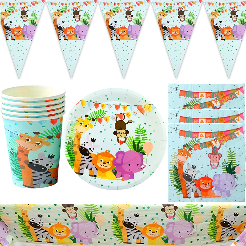 

51pcs/lot Jungle Animals Theme Tableware Set Banner Birthday Party Flag Plates Decorations Cups Kids Favors Napkins Tablecloth