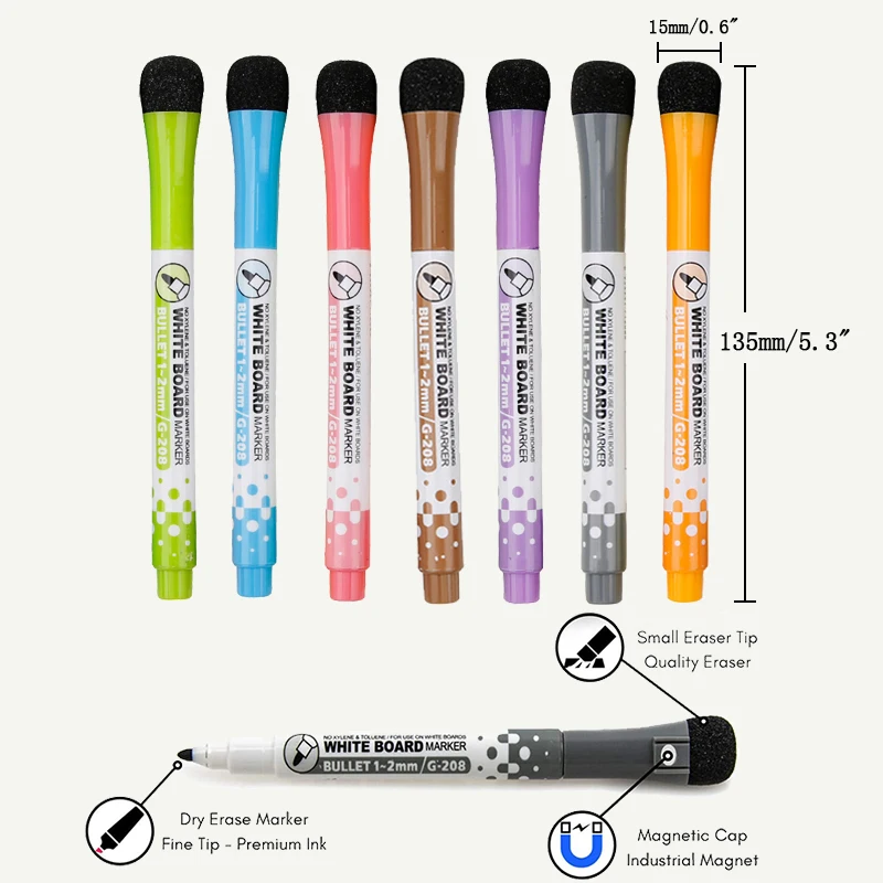 Marcadores magnéticos de borrado en seco finos: marcadores de pizarra  blanca borrables de 12 colores, punta fina con tapa de borrador,  rotuladores de