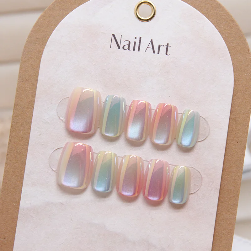 10pcs Short Candy Color Rainbow Gradient Cat's Eye False Nails Square Head Girl Lady Press on Nail Wearable Detachable Nail Tips
