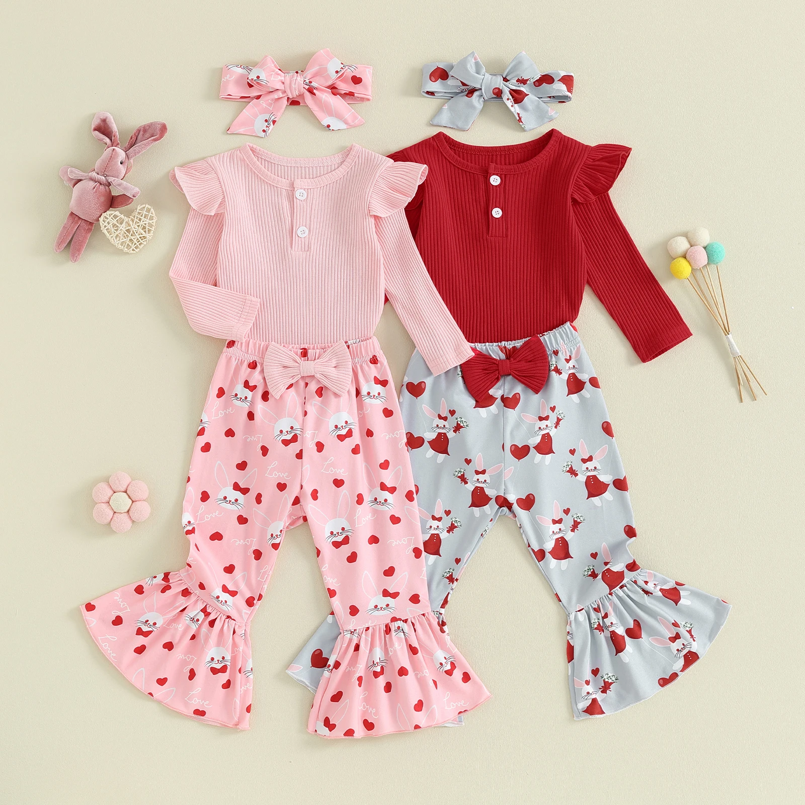 Baby Girls Fall Outfit  Long Sleeve Crew Neck Romper with Rabbit Print Flare Pants and Headband Clothing Set