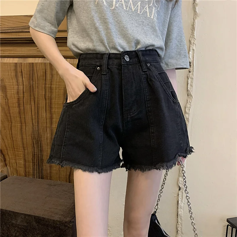 

2024 Women's Summer Fashion High Waist Denim Shorts Female Ripped Raw Hem Jean Shorts Ladies Casual Pockets Short Pants H132