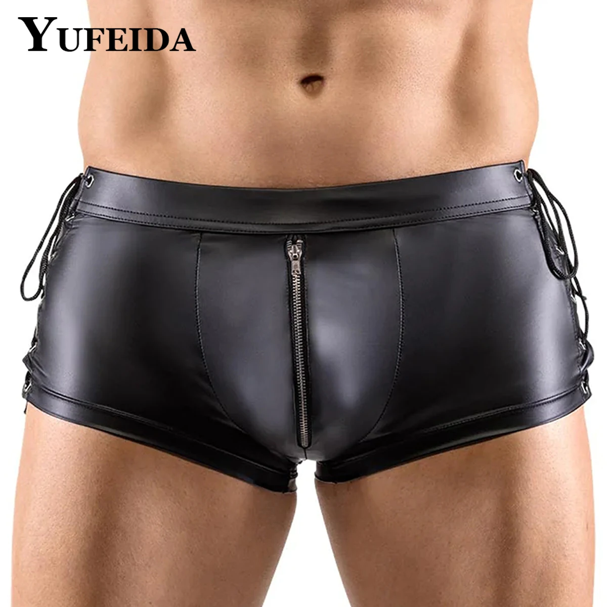 

YUFEIDA Mens Sexy Lingerie Panties Faux Leather Zipper Bulge Pouch Boxer Shorts Gay Sexy Clubwear Boxer Shorts Bandage Underpant