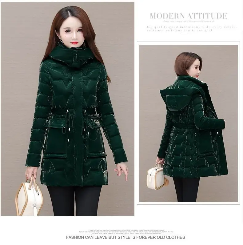 New Women's Down Cotton Coat Winter Warm Jacket Long Thick Bright Face Wash Padded Jackets Female Hooded Parker Overcoat Red 5XL