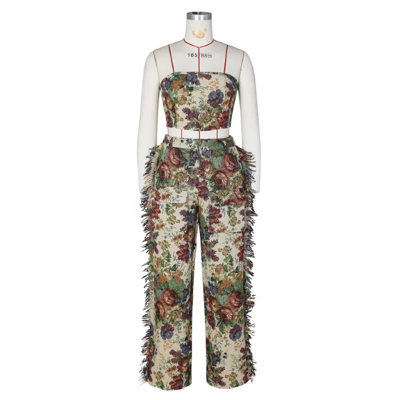 2024 Summer Plant Flower Printed Loose Casual 2 Piece Set Women Off Shoulder Bandage Strapless Crop Top Tassel Pants Streetwear