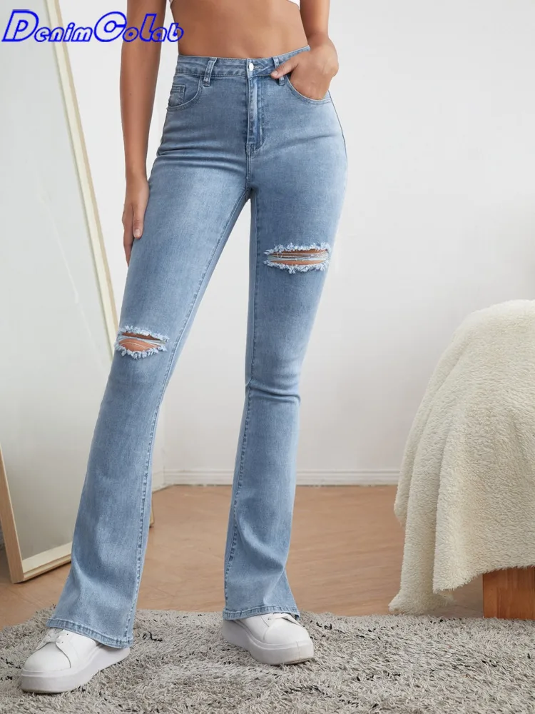 DenimColab 2022 High Waist Elastic Micro Flared Pants Jeans Woman Split Hole Skinny Pencil Ladies Casual Stretch | Женская одежда