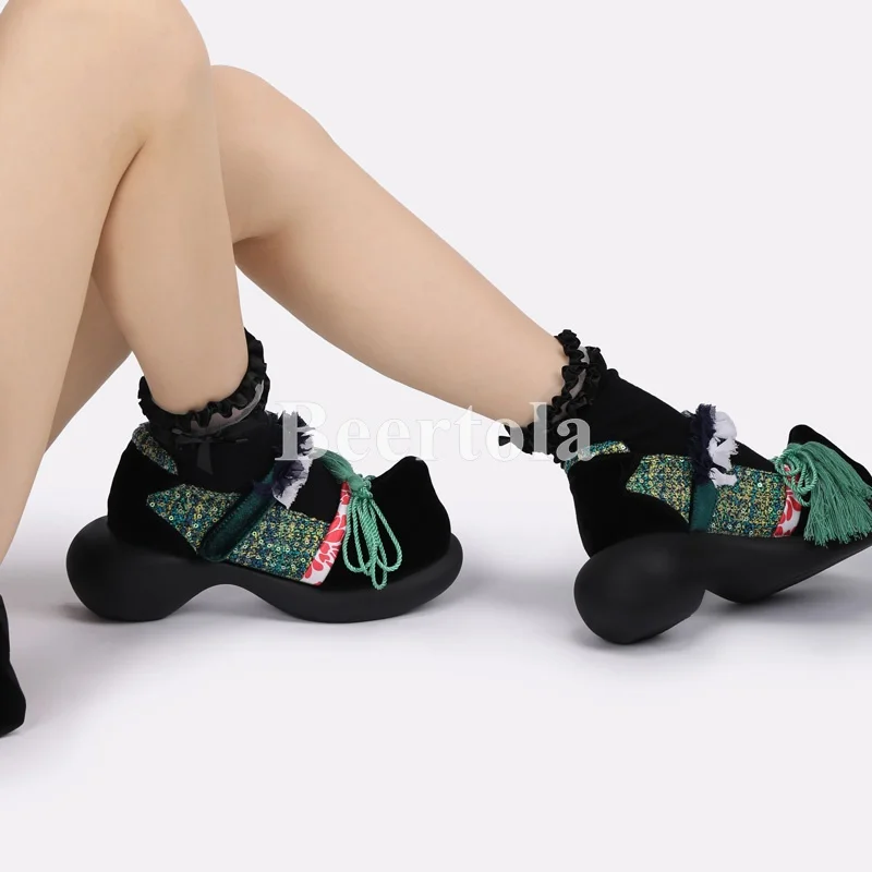 

Ethnic Retro Woman Green Tassel Mixed Colors Mary Jane Shoes Flatform Thick Sole Magic Tape Girls Dress Cosplay Platform Shoes