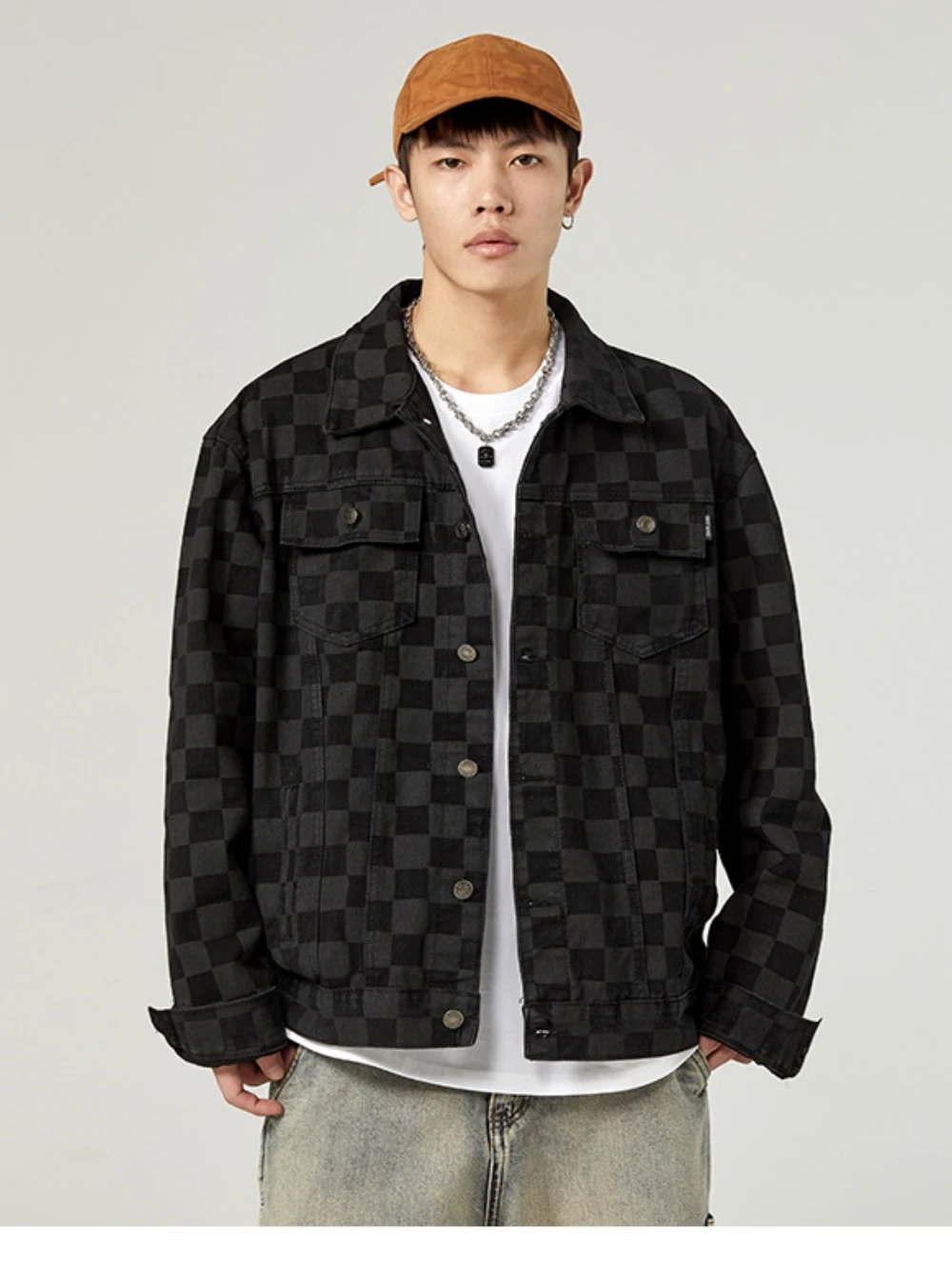 

2023 Autumn Men's Denim Jacket Loose Jacquard Zipper Stand Collar Comfortable Casual Boys Long-Sleeved Coat
