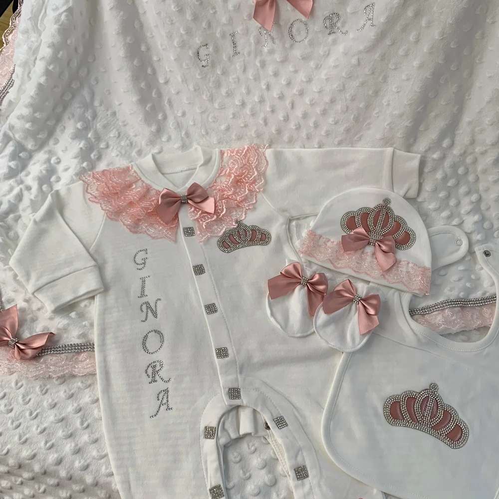 Baby Girl Boy Princess Prince Hospital Exit Newborn Bling Outfits Baby Bottles Gift Set Shower Gift 5pcs Crown Romper kids clothes set baby girl clothing set