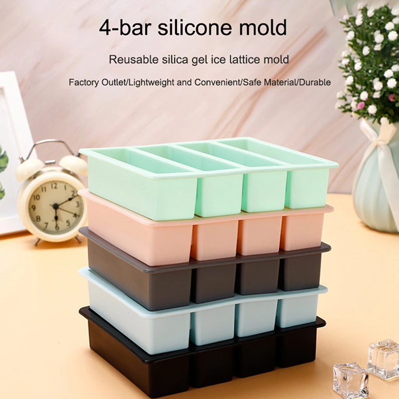 

1Pc 4 Grid Long Strip Silicone Ice Cubes Square Tray Mold DIY Non-Toxic Durable Wine Ice Cube Creative Cube Ice Mold