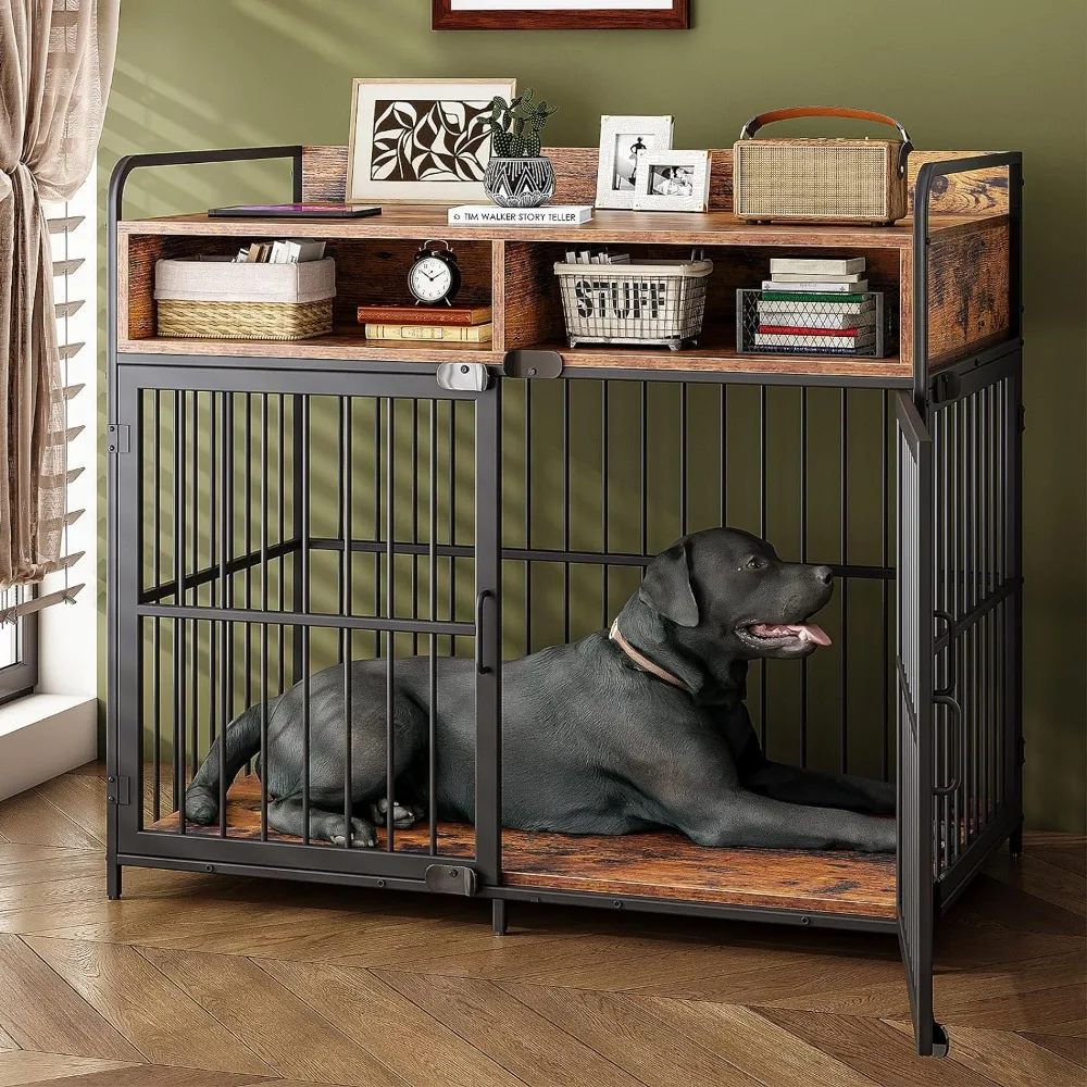 

Saudism Large Dog Crate Furniture, Dog Kennel Indoor, Wood Dog Cage Table with Drawers Storage, Heavy Duty Crate