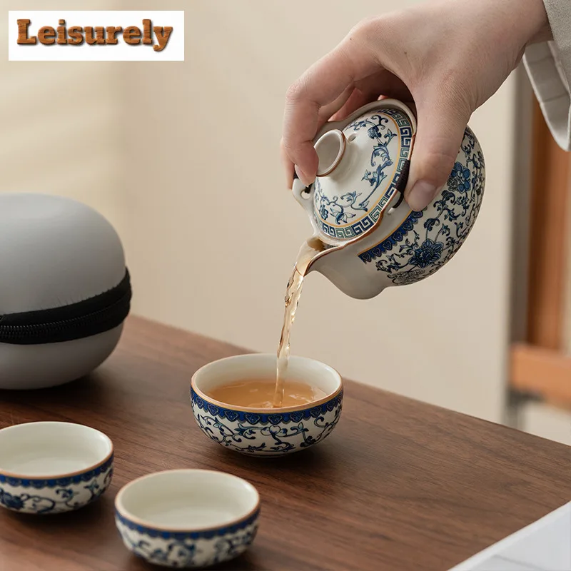Ru Kiln Blue And White Rice Yellow Travel Tea Set Kit Japanese 1 Pot 3 Cups Tea Maker Organizer Portable Picnic Stock Bags Gift