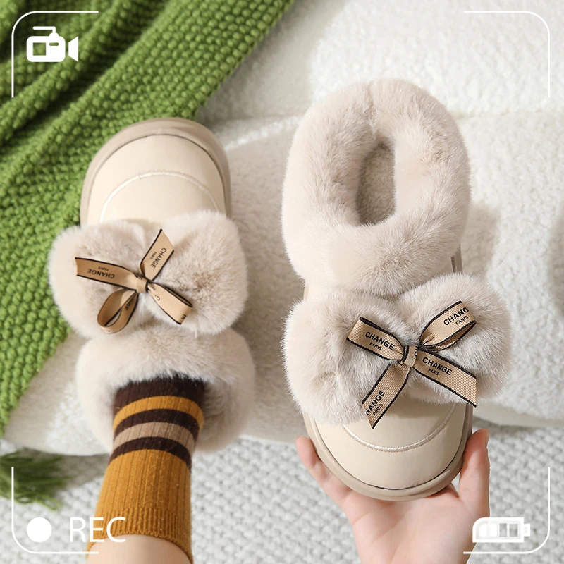 Korean Fluffy Bowknot Cotton Slippers Women 2025 Winter Indoor Non Slip Warm Fur Slippers Woman Comfortable Thick Soles Shoes