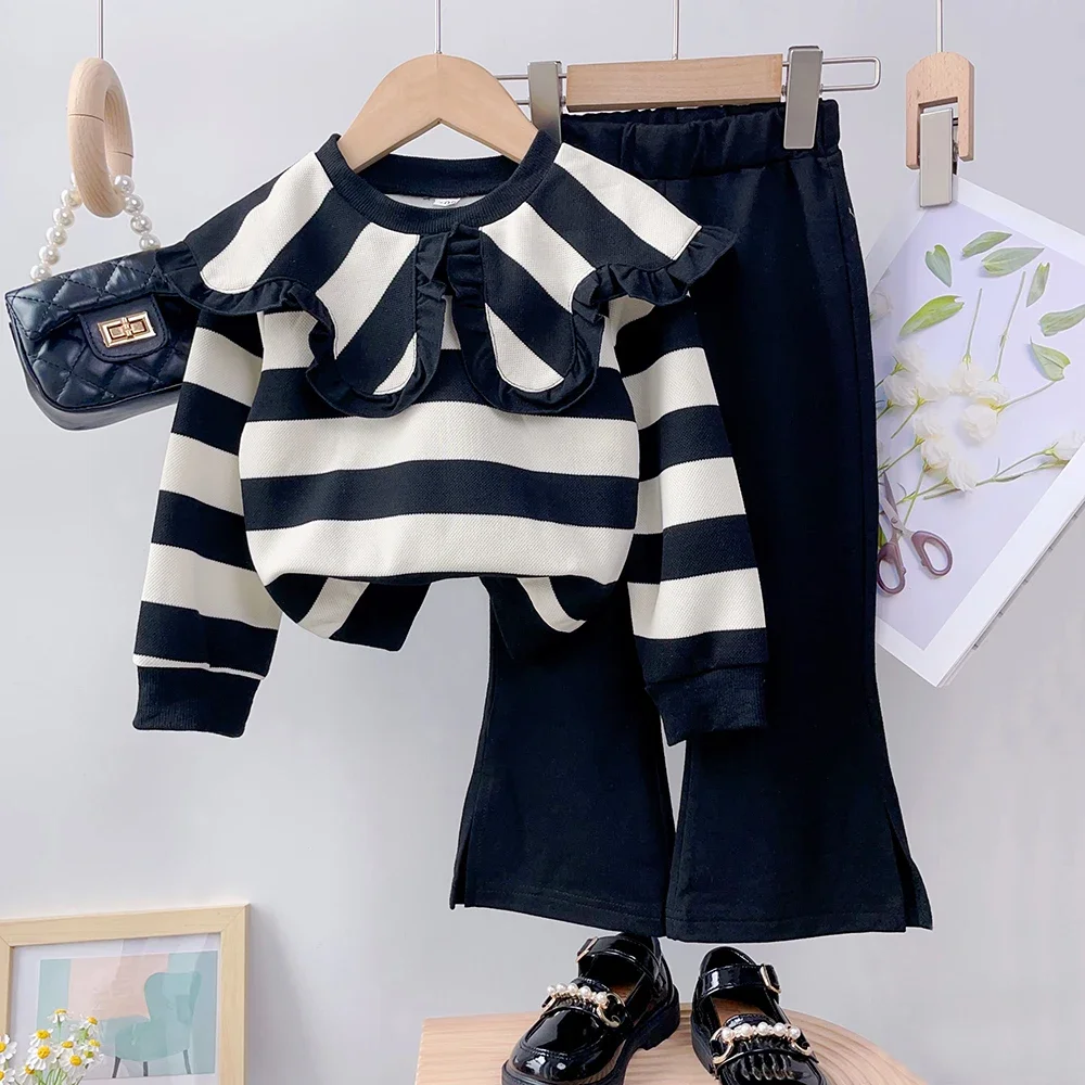 Langarm-Set für Mädchen, Herbst/Winter, neuer Stil, Mädchen-Set mit großem Kragen, gefaltetes, gestreiftes Oberteil + Schlaghose, zweiteiliges Mädchen-Set