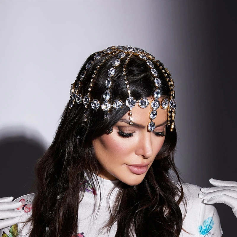 Rhinestone hair chain tassel headdress hollow prom hat Hair Decoration Women