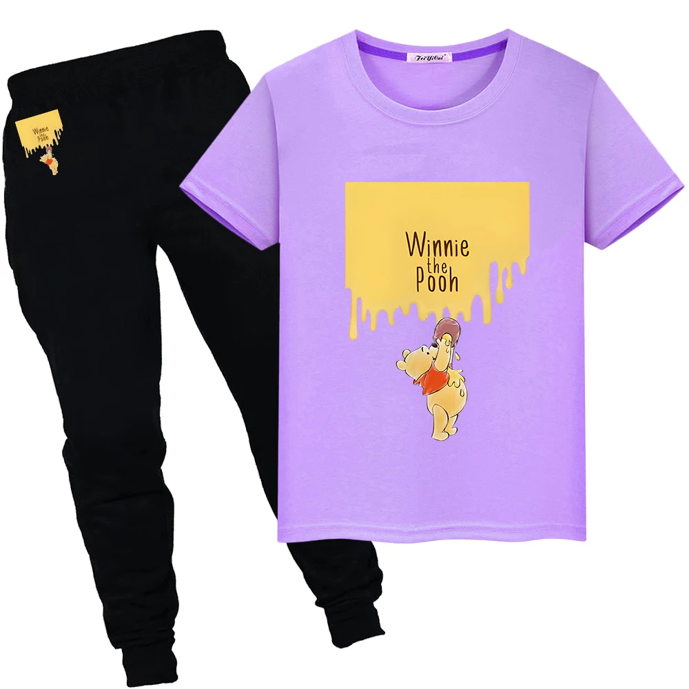 

Pooh Bear Print boys girls clothes 100%Cotton Cute T-shirt Short+pant Summer Kawaii Tshirts Disney Sports Sets kid holiday gift