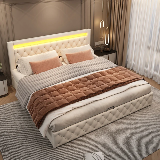 Letto Matrimoniale Imbottito 180x200 Cm Con LED E Cassetti - Testiera Alta E Contenitore