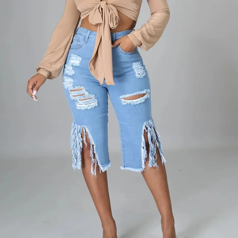 Knee Length Women Jeans Denim Washed Tassel Ripped High Waist Holes Jean Spliced Streetwear Pockets Skinny Distressed Solid