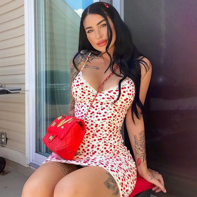 

2023 Summer New Sexy V-neck Women's Beach Closing Lace Sling Cherry Print Elegant Mini Dress Sexy Streetwear