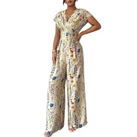 Spring and Summer Women's European and American Classic Elegant Fresh Flower Print Short Sleeve High Waist Straight Leg Jumpsuit - Image 4