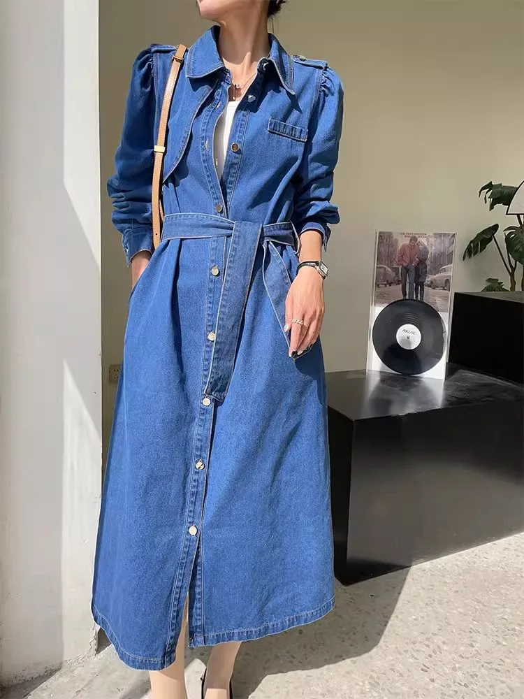 

Retro Blue Long Sleeved Denim Dress for Women Spring 2024 New Single-breasted Lapel Dresses Temperament Slim Dress with Belt
