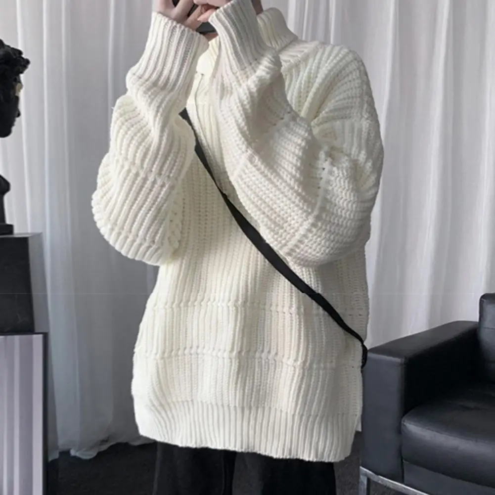 

Solid Color Sweater Winter Sweater Cozy Mid-length Men's Sweater Warm Knitted High Collar Elastic Anti-shrink for Winter/fall