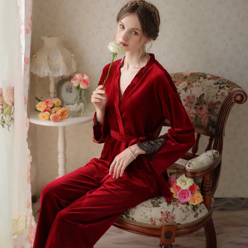 

Autumn Winter Thick Long Sleeve Sexy Pajamas Women Robe Pants Nightwear Sleepwear Velour Pyjamas Bathrobes Velvet Two Piece Set