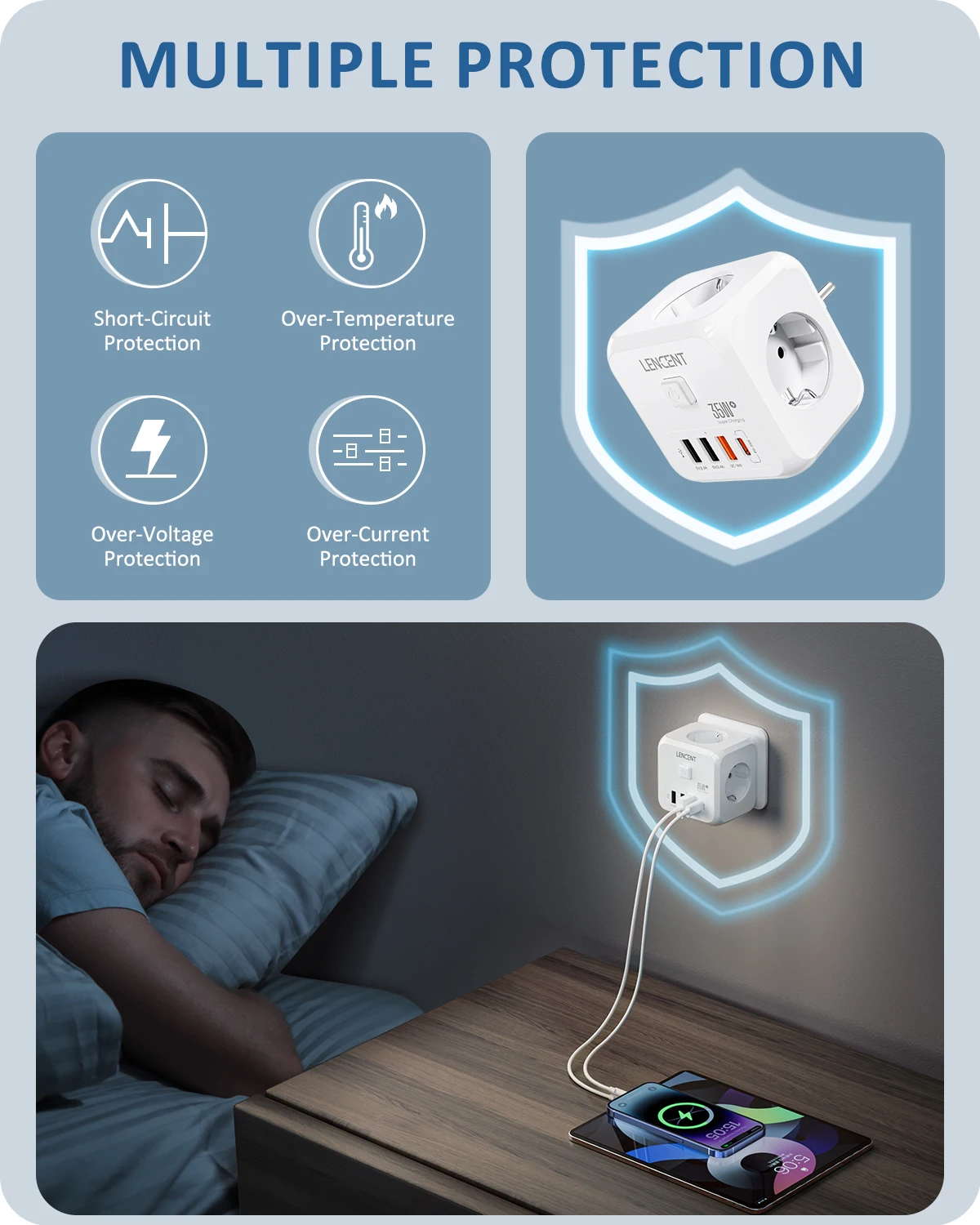 LENCENT EU Plug Power Strip Wall Socket With 3 AC+3 USB QC 18W +1 Type C PD 35W Fast Charger Adapter 7-in-1 Socket On/Off Switch_voghion.com