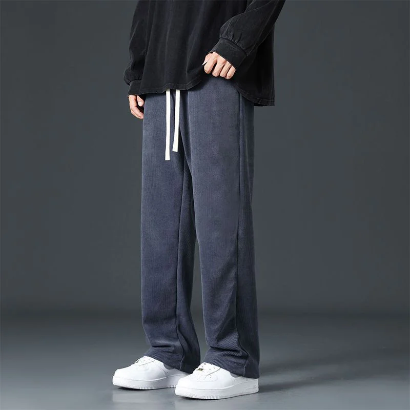 Korean Fashion Autumn Sports Casual Wide Leg Pants Men Solid Patchwork Drawstring Pocket Loose Versatile Trend Straight Trousers