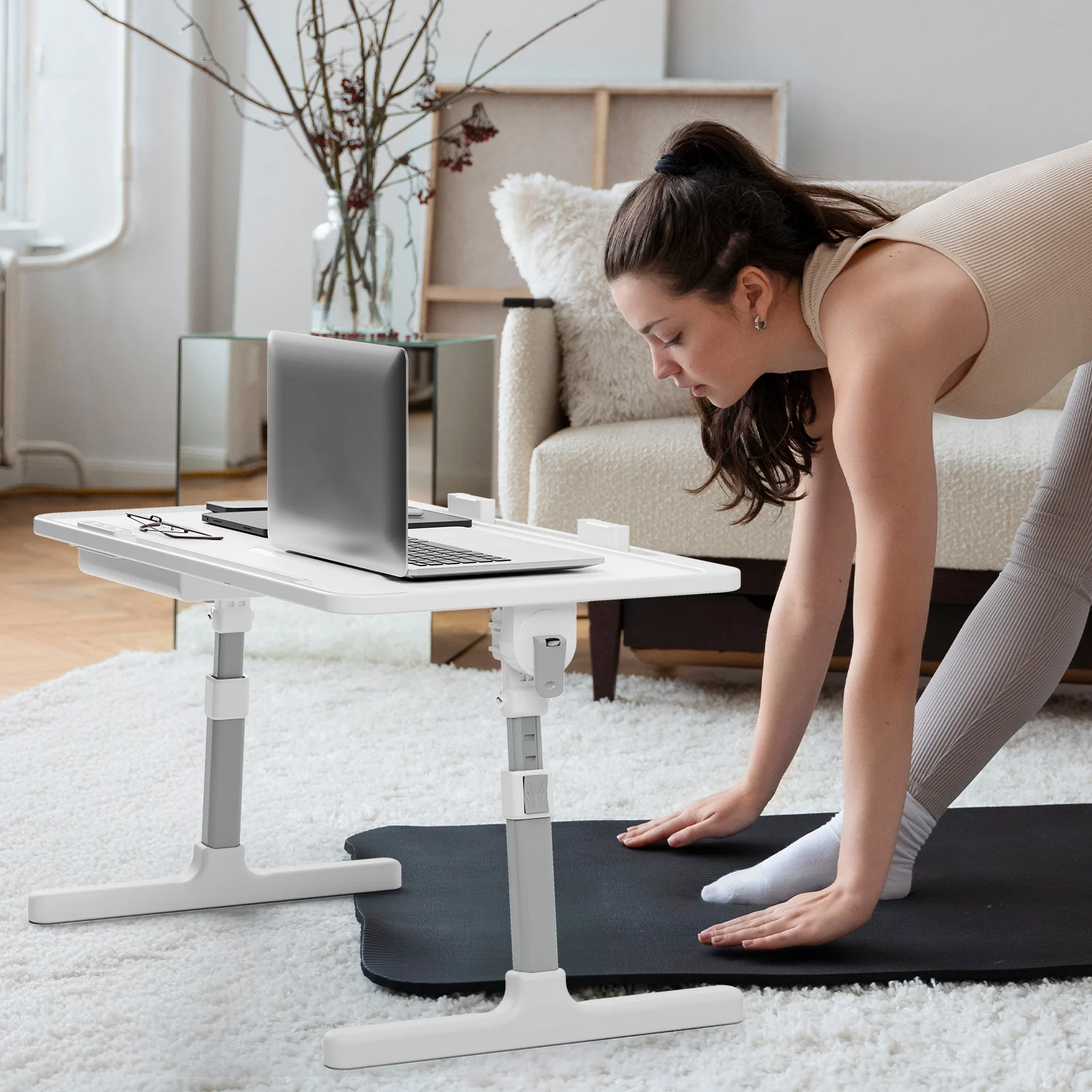 Laptop Bed Tray Table, Adjustable Lap Desk with Light Fan, Folding Laptop Desk for Bed with USB, Storage Drawer
