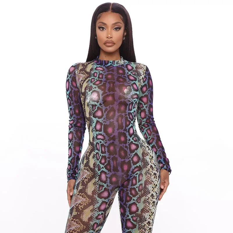 New Sexy Animal Mesh Bodystocking Snake Print See Through Velour Long Sleeve Rompers Jumpsuit Womens Slim Midnight Clubwear