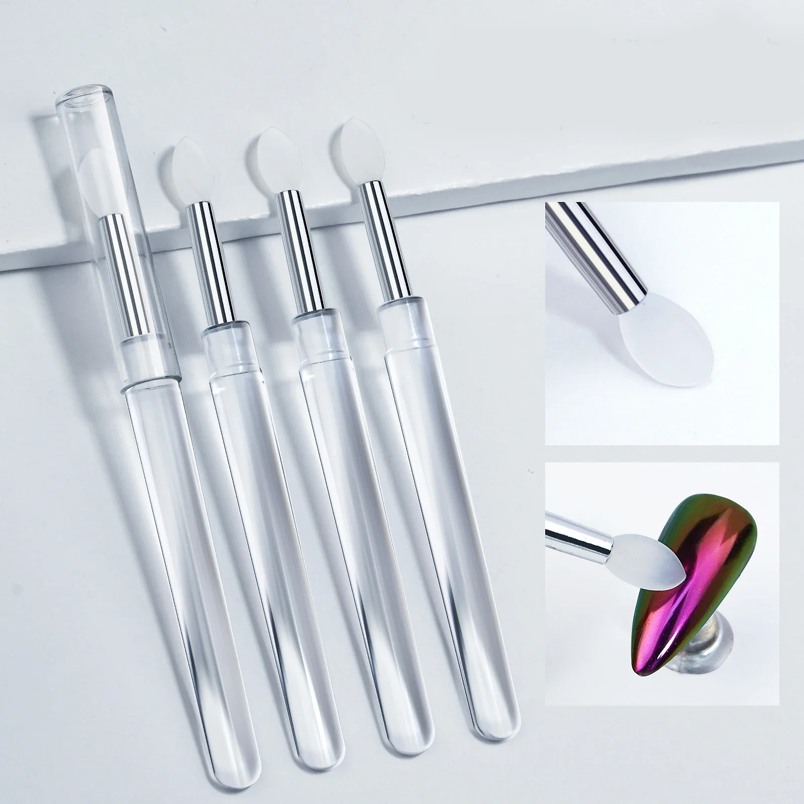 Nail Art Transparent Silicone Brush 2Pcs Mirror Glitter Powder Chrome Pigment Applicator Stick nail art brushes nail brushes nail art tools silicone applicator sticks