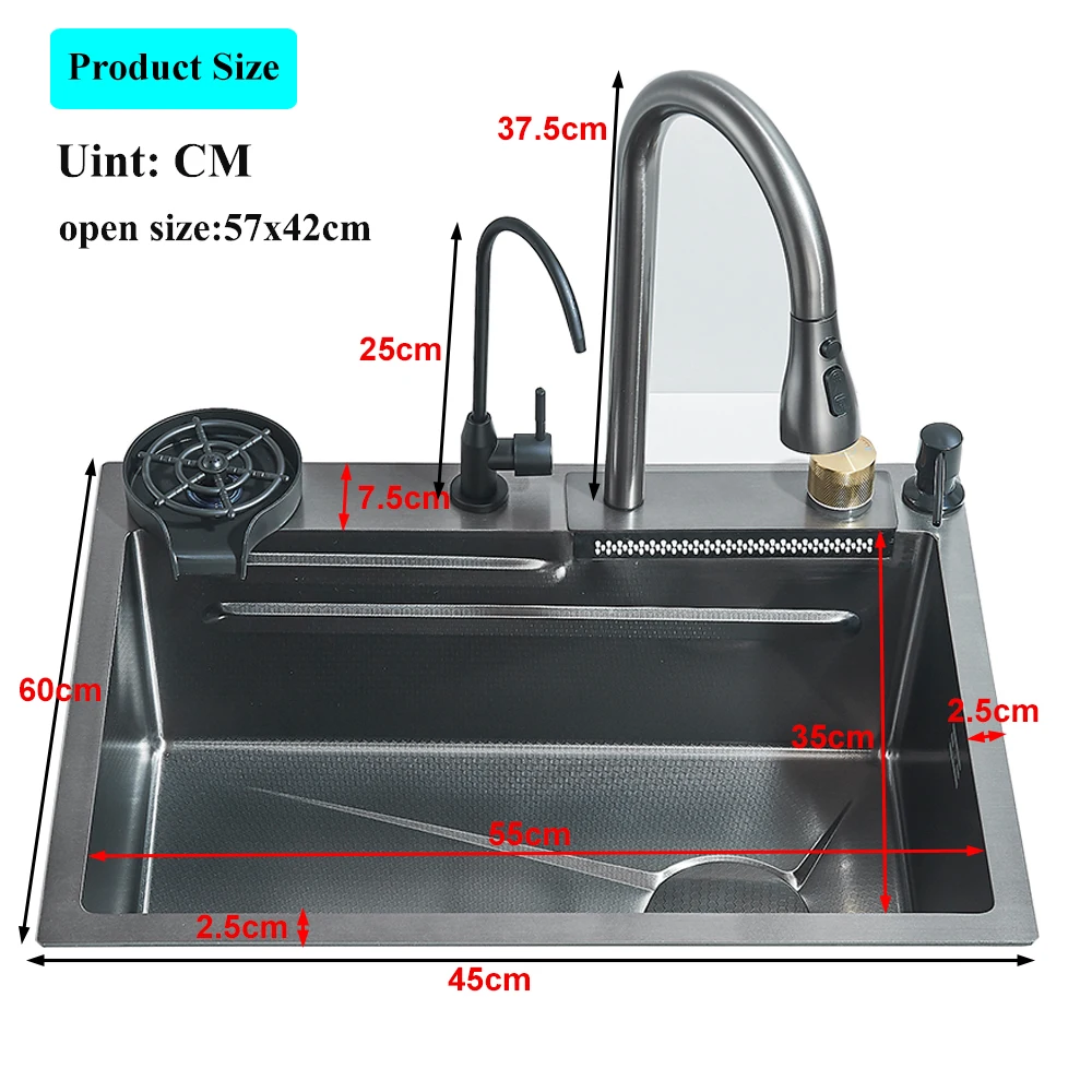 Waterfall Kitchen Sink Large Single basin With Large Single Slot Sink Above Counter With Cup Disher and Soap Dispenser